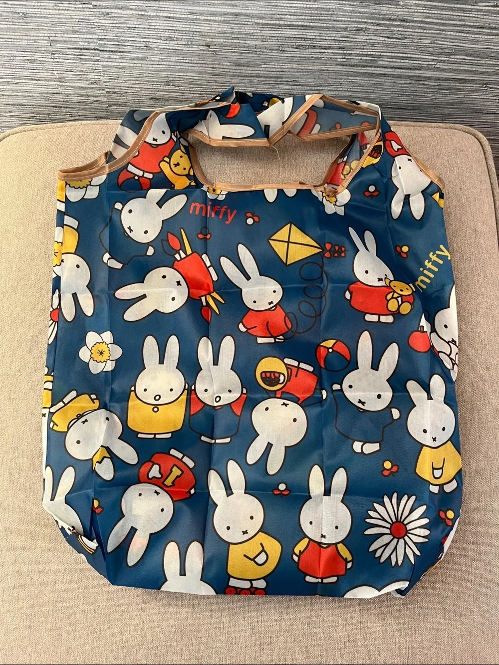 Miffy Pattern Reusable Tote Bag - Navy Blue with White & Yellow Characters